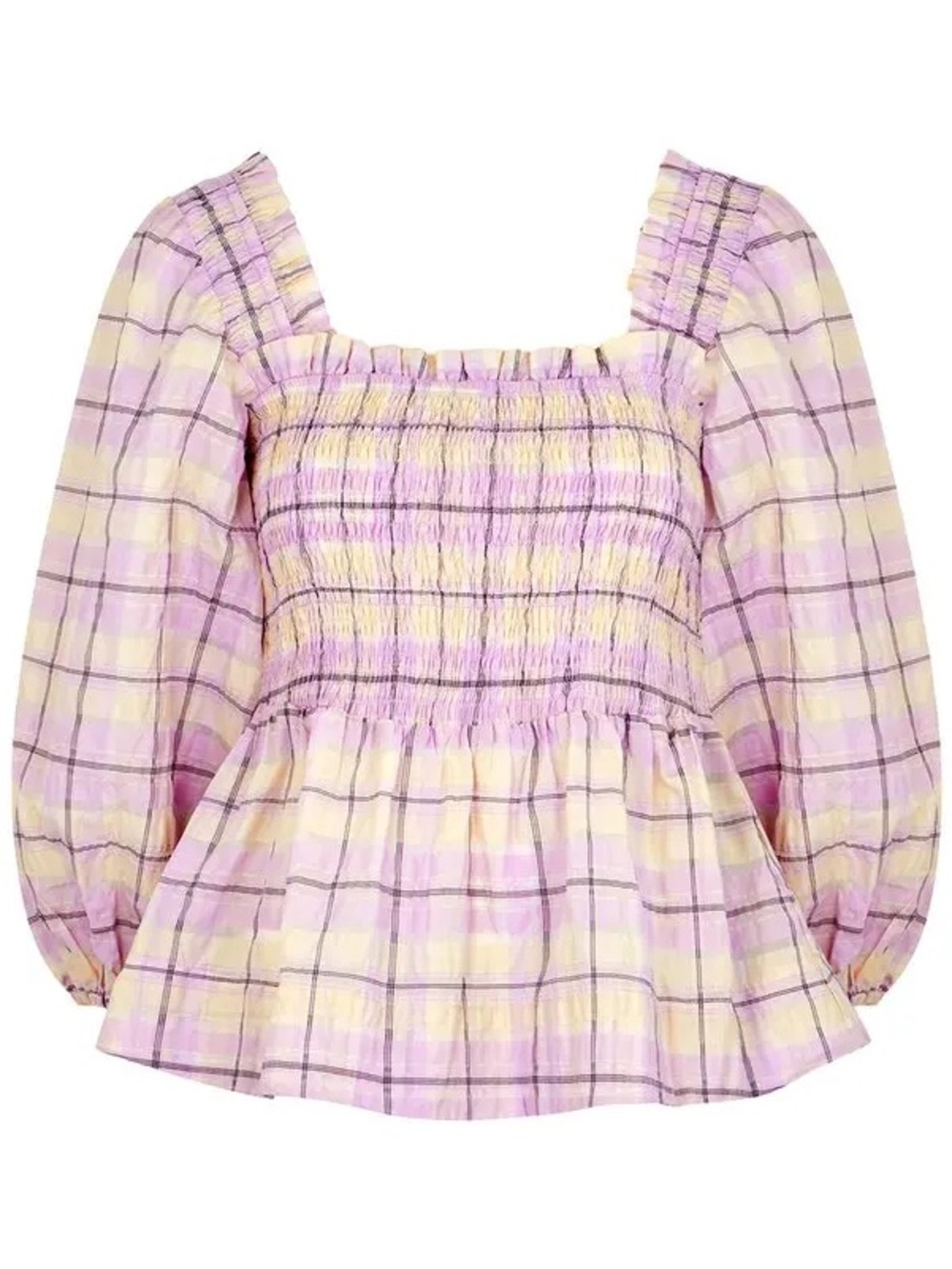 GANNI Women's Size 36/Small S Seersucker Checked Smock Top in Orchid Blossom